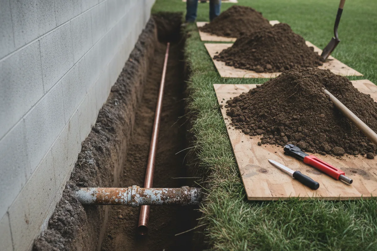 Excavated water line trench during Sewer Line Repair in Saint Benedict